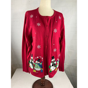 Women’s Croft & Barrow Holiday Christmas Cardigan Sweater Petite Size XL Red EUC